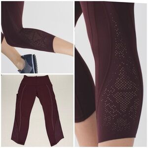 LULULEMON 6 Bordeaux Drama Laser Cut Long Crop Burgundy High-Waisted Leggings